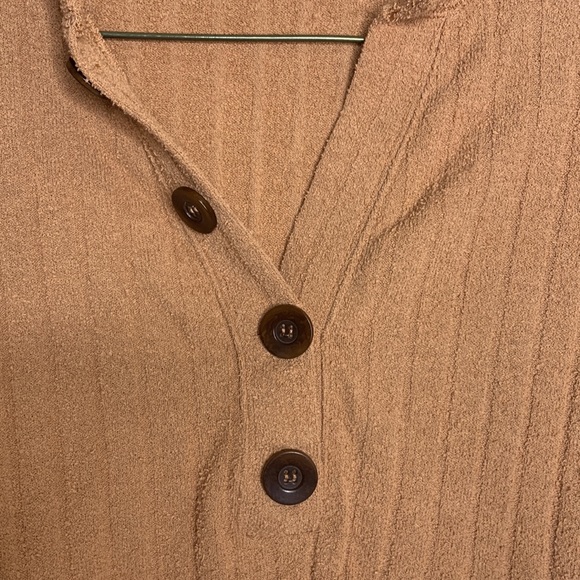 We The Free | Caramel Tan Long Sleeve Textured Waffle Henley Shirt Brown Buttons - Picture 6 of 6
